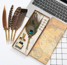 Load image into Gallery viewer, Natural Peacock Feather Dip Pen Boxed Set