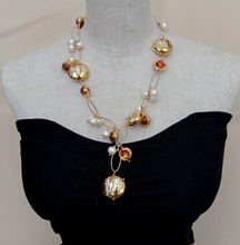 Load image into Gallery viewer, Freshwater Cultured White Biwa Pearl Brown Murano Glass Chain Y-Drop Necklace 21"