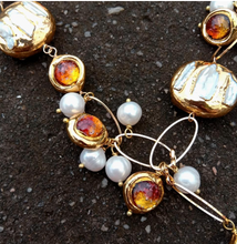 Load image into Gallery viewer, Freshwater Cultured White Biwa Pearl Brown Murano Glass Chain Y-Drop Necklace 21"