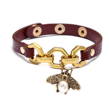 Load image into Gallery viewer, Bee Pendant Charms Bracelet & Bangle Style Brown Leather Metal Button