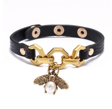 Load image into Gallery viewer, Bee Pendant Charms Bracelet & Bangle Style Brown Leather Metal Button
