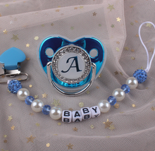 Load image into Gallery viewer, Blue Metallic Baby Pacifier & Clip - Alphabet Letter Infant Pacifier Unique