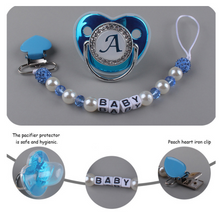 Load image into Gallery viewer, Blue Metallic Baby Pacifier & Clip - Alphabet Letter Infant Pacifier Unique