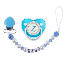 Load image into Gallery viewer, Blue Metallic Baby Pacifier & Clip - Alphabet Letter Infant Pacifier Unique