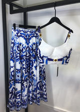 Load image into Gallery viewer, "Arna" Collection - Elegant Spaghetti Strap Top+Blue and White Porcelain Skirt - 2 Piece Set