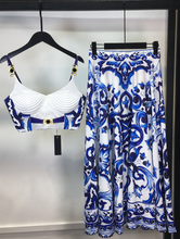 Load image into Gallery viewer, "Arna" Collection - Elegant Spaghetti Strap Top+Blue and White Porcelain Skirt - 2 Piece Set