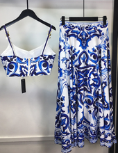 Load image into Gallery viewer, "Arna" Collection - Elegant Spaghetti Strap Top+Blue and White Porcelain Skirt - 2 Piece Set