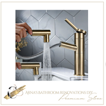 Load image into Gallery viewer, "Arna" Collection - Pull Out Basin Faucets Brass Sink Mixer Tap Hot & Cold Single Handle Brushed Gold Bathroom/Lavatory Water Crane Vessel Copper
