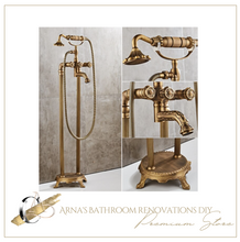 Load image into Gallery viewer, "Arna" Collection - Bathtub Faucet Antique Brass Carved Bath Shower Faucet Hot & Cold Mixer Tap With Handheld Shower Floor Standing Style