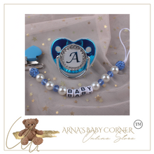 Load image into Gallery viewer, Blue Metallic Baby Pacifier & Clip - Alphabet Letter Infant Pacifier Unique