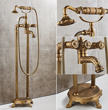 Load image into Gallery viewer, "Arna" Collection - Bathtub Faucet Antique Brass Carved Bath Shower Faucet Hot & Cold Mixer Tap With Handheld Shower Floor Standing Style