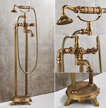 Load image into Gallery viewer, "Arna" Collection - Bathtub Faucet Antique Brass Carved Bath Shower Faucet Hot & Cold Mixer Tap With Handheld Shower Floor Standing Style