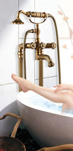 Load image into Gallery viewer, "Arna" Collection - Bathtub Faucet Antique Brass Carved Bath Shower Faucet Hot & Cold Mixer Tap With Handheld Shower Floor Standing Style