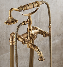 Load image into Gallery viewer, "Arna" Collection - Bathtub Faucet Antique Brass Carved Bath Shower Faucet Hot & Cold Mixer Tap With Handheld Shower Floor Standing Style