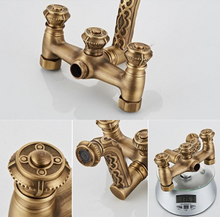 Load image into Gallery viewer, "Arna" Collection - Bathtub Faucet Antique Brass Carved Bath Shower Faucet Hot & Cold Mixer Tap With Handheld Shower Floor Standing Style