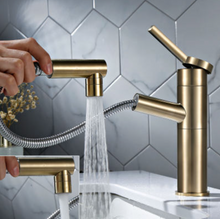 Load image into Gallery viewer, "Arna" Collection - Pull Out Basin Faucets Brass Sink Mixer Tap Hot & Cold Single Handle Brushed Gold Bathroom/Lavatory Water Crane Vessel Copper