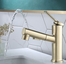 Load image into Gallery viewer, "Arna" Collection - Pull Out Basin Faucets Brass Sink Mixer Tap Hot & Cold Single Handle Brushed Gold Bathroom/Lavatory Water Crane Vessel Copper