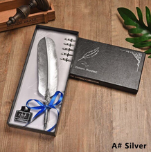 Load image into Gallery viewer, Gold Feather Pen Metal Fountain pen Inserted Ink Set Vintage Silver Feather Pen Student Office Supplies - Gift
