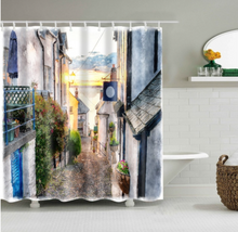 Load image into Gallery viewer, Vintage Style Wood Door Platform 3/4 Wall Bookshelf Shower/Bath Curtains Bathroom Curtain Frabic Waterproof Polyester with Hooks