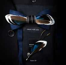 Load image into Gallery viewer, Luxury - Mens Natural Bird Feather Exquisite Hand Made Bow Tie Brooch Pin Gift Box Set