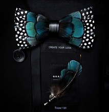 Load image into Gallery viewer, Luxury - Mens Natural Bird Feather Exquisite Hand Made Bow Tie Brooch Pin Gift Box Set
