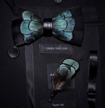 Load image into Gallery viewer, Luxury - Mens Natural Bird Feather Exquisite Hand Made Bow Tie Brooch Pin Gift Box Set
