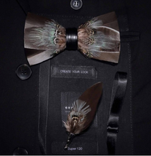 Load image into Gallery viewer, Luxury - Mens Natural Bird Feather Exquisite Hand Made Bow Tie Brooch Pin Gift Box Set