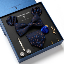 Load image into Gallery viewer, Luxury Mens Silk Bow Tie & Clips Lapel Pin Cufflinks Set - Gift Boxed - Many Colours