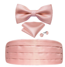 Load image into Gallery viewer, Men's Tuxedo Cummerbund Silk Bow Tie Handkerchief Brooch Chain Set - Gift Boxed