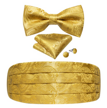 Load image into Gallery viewer, Men's Tuxedo Cummerbund Silk Bow Tie Handkerchief Brooch Chain Set - Gift Boxed