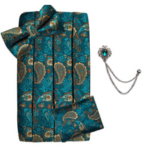 Load image into Gallery viewer, Men's Tuxedo Cummerbund Silk Bow Tie Handkerchief Brooch Chain Set - Gift Boxed