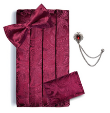 Load image into Gallery viewer, Men's Tuxedo Cummerbund Silk Bow Tie Handkerchief Brooch Chain Set - Gift Boxed