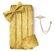 Load image into Gallery viewer, Men's Tuxedo Cummerbund Silk Bow Tie Handkerchief Brooch Chain Set - Gift Boxed