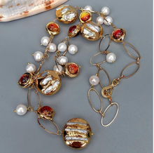 Load image into Gallery viewer, Freshwater Cultured White Biwa Pearl Brown Murano Glass Chain Y-Drop Necklace 21&quot;
