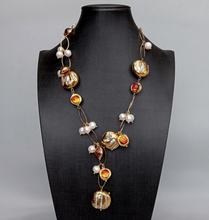 Load image into Gallery viewer, Freshwater Cultured White Biwa Pearl Brown Murano Glass Chain Y-Drop Necklace 21&quot;
