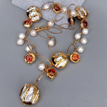 Load image into Gallery viewer, Freshwater Cultured White Biwa Pearl Brown Murano Glass Chain Y-Drop Necklace 21&quot;
