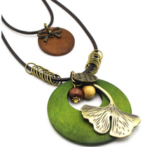 Load image into Gallery viewer, Vintage Ethnic Style Wooden Necklace Large Leaf Round Pendant Sweater Chain
