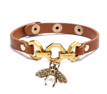 Load image into Gallery viewer, Bee Pendant Charms Bracelet &amp; Bangle Style Brown Leather Metal Button
