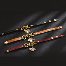 Load image into Gallery viewer, Bee Pendant Charms Bracelet &amp; Bangle Style Brown Leather Metal Button
