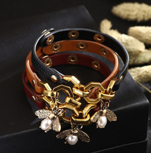 Load image into Gallery viewer, Bee Pendant Charms Bracelet &amp; Bangle Style Brown Leather Metal Button
