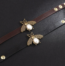 Load image into Gallery viewer, Bee Pendant Charms Bracelet &amp; Bangle Style Brown Leather Metal Button
