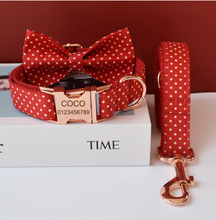 Load image into Gallery viewer, Luxury Pet Leash Engraved Name ID Tag + Collar + Bow - Free Engraving Personalise (all Sizes)
