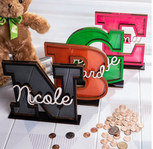 Load image into Gallery viewer, Child&#39;s Room - Piggy Bank Letters Alphabet/Name - Wooden Name Art - Customise Name) Wall Feature or Book Shelf
