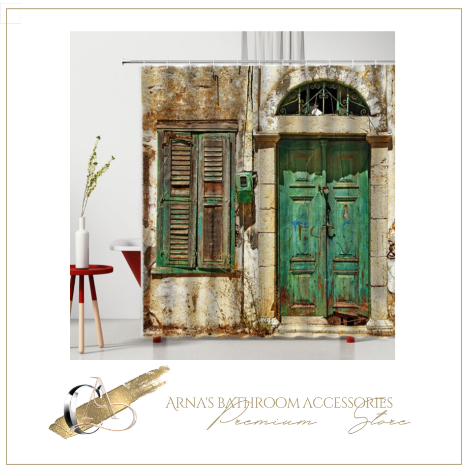 Shower/Bath Curtain Retro Rustic Bronze Gate Wood Grain Window Brick Stone Pattern 3D Printing Rural Old Door Waterproof Bathroom Curtains