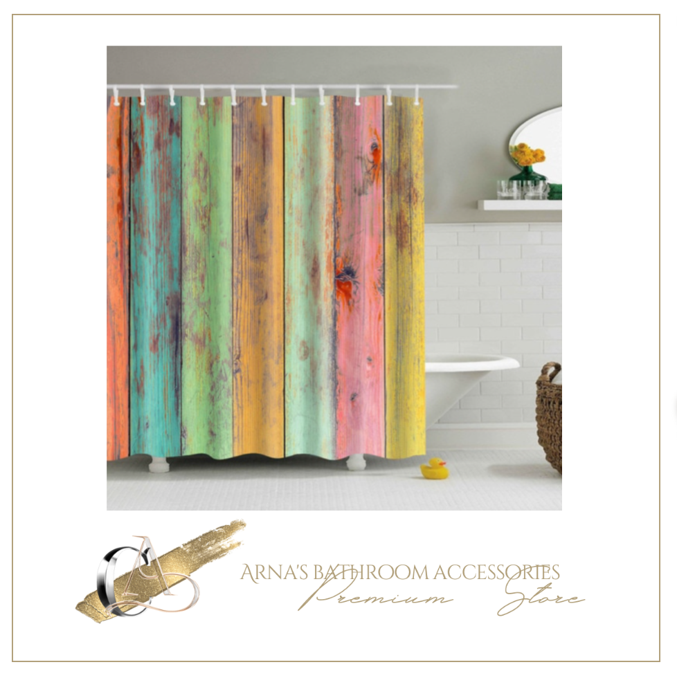 Vintage Style Wood Door Platform 3/4 Wall Bookshelf Shower/Bath Curtains Bathroom Curtain Frabic Waterproof Polyester with Hooks