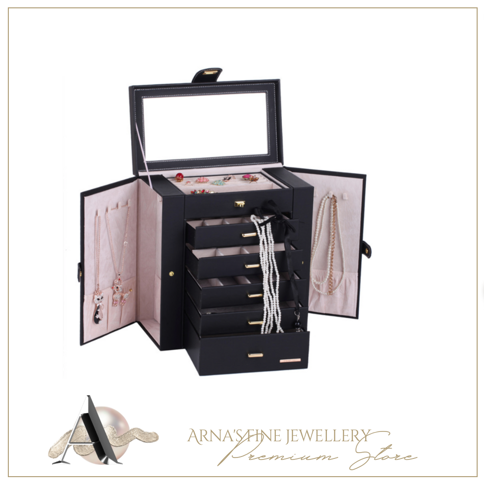 Luxury Rowling Leather Extra Large Black Jewellery Box Mirrored Cabinet
