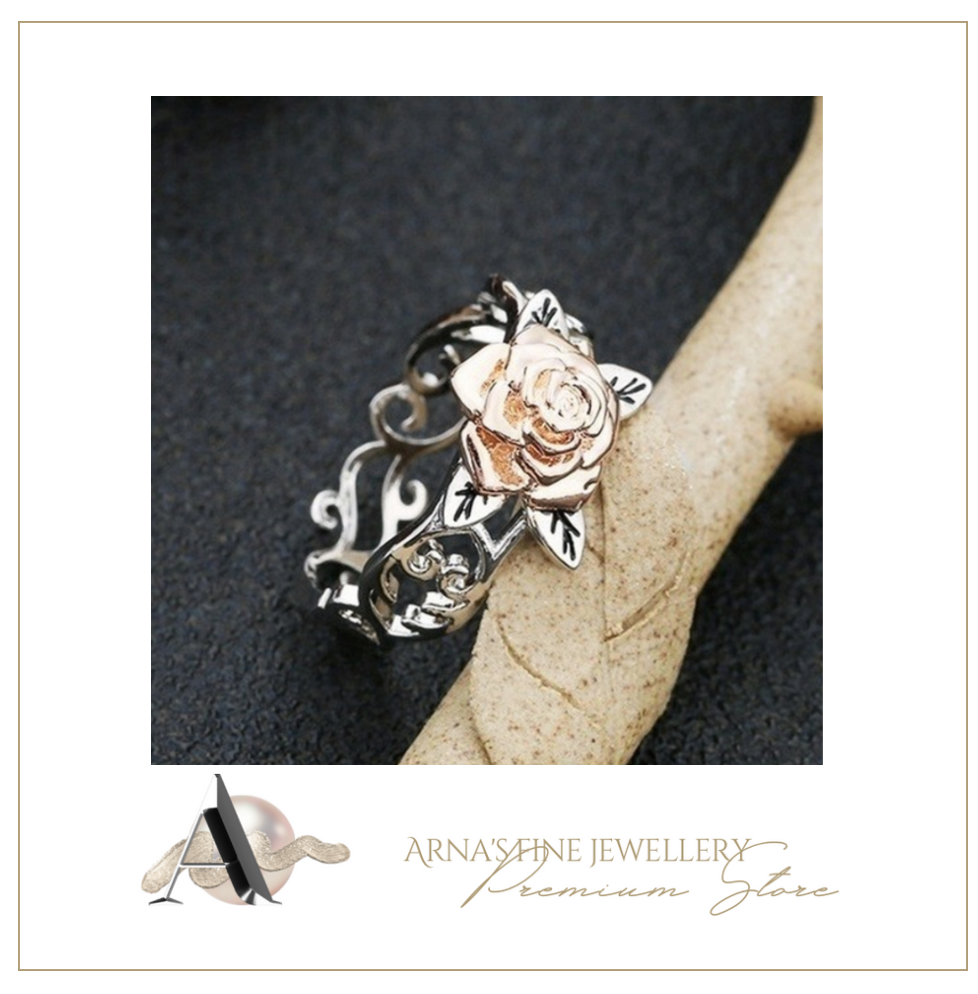Exquisite Silver Colour Solid 14k Rose Flower Ring