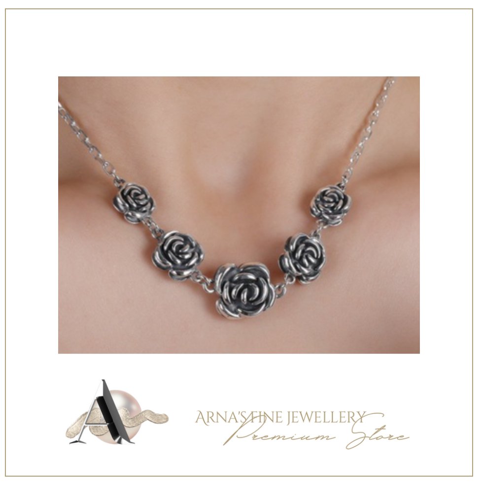Vintage Silver Rose Flower Necklace