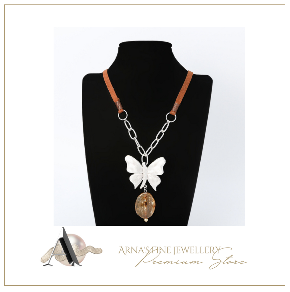 Butterfly Necklace + Leather Rope + Natural Stone