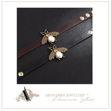 Load image into Gallery viewer, Bee Pendant Charms Bracelet &amp; Bangle Style Brown Leather Metal Button
